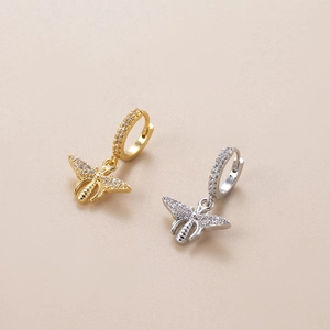 Elegant gold and silver bee hoop earrings with sparkling zircon crystals for women