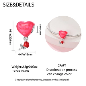 Detailed view of red heart rose charm with 'No love but you' engraving and size specs