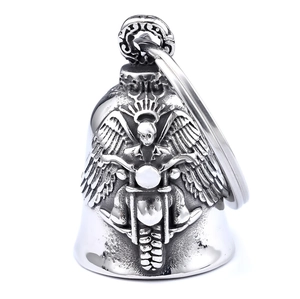 Polished stainless steel motorcycle guardian bell with winged skull rider embossed detail