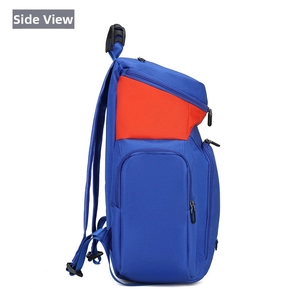 Side view of large blue sports backpack with orange contrast and zippered pockets