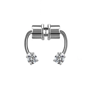 Detail of magnetic silver stainless steel septum ring with sparkling cubic zirconia stones