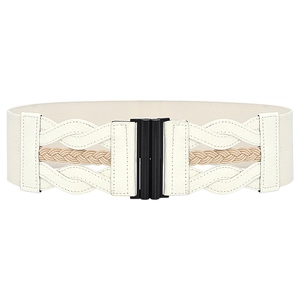 Detail of a wide elastic waist belt featuring a black buckle and khaki woven cord accents