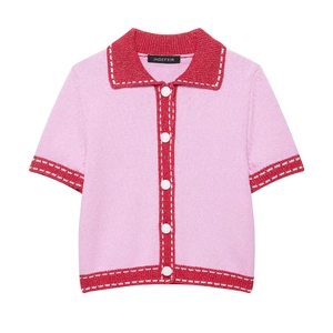 Pink knitted short sleeve cardigan with red trim and white contrast stitching detail