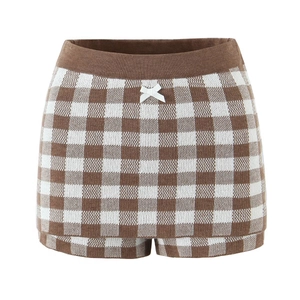 Women's brown checkerboard knit cardigan and shorts set with a small white bow detail