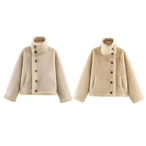 Women Reversible Jacket Faux Shearling Suede Stand Collar Warm Winter Outerwear Vintage Style Button Up Casual