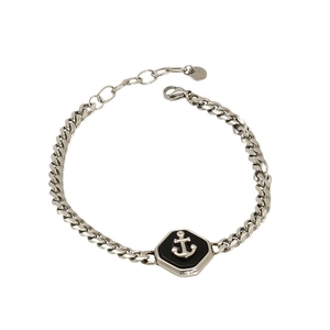 Silver Cuban link bracelet with black hexagonal anchor pendant for men, minimalist style