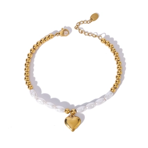 Elegant 18k gold plated stainless steel pearl bracelet with a heart charm and lobster clasp