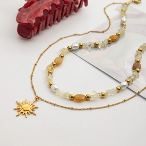 18K gold stainless steel layered sun pendant necklace with natural stone and pearls