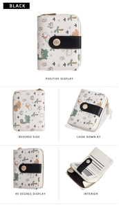 Detail views of Baellerry women short wallet with cute bear print and black strap closure