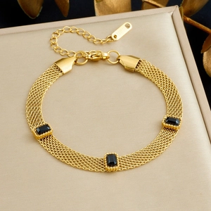 Bracelet Chaîne En Maille Acier Inoxydable Plaqué Or Vintage Pierre Gemme Rectangulaire Géométrique Creux Tissé Bijoux Femmes