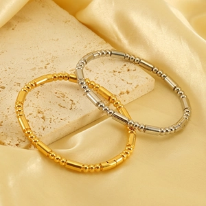 Bracelet Jonc En Acier Inoxydable Plaqué Or 18K Design Perles Et Bambou Bijoux De Mode Pour Femmes