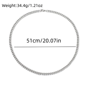 Close-up of silver punk chain necklace showing 51cm length and 34.4g weight specifications