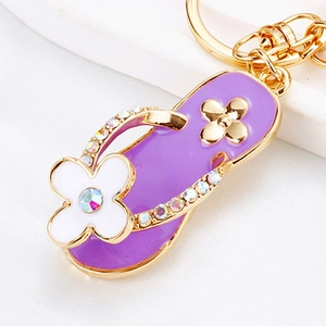 Purple flip-flop keychain with rhinestones and white flower pendant for women bags