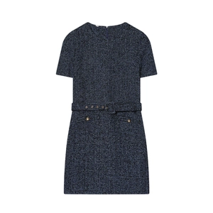 Elegante Tweed Mini Jurk Korte Mouwen Ronde Hals Met Riem Gouden Knopen Vintage Boucle Jurk Dames
