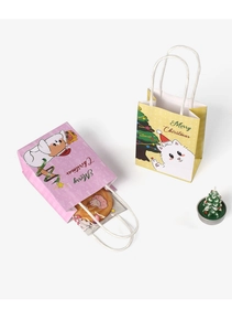 Detail of yellow and pink Christmas gift bags with cartoon cat and dog illustrations