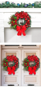 Christmas wreath featuring red poinsettias, festive baubles, and a vintage style oil lantern