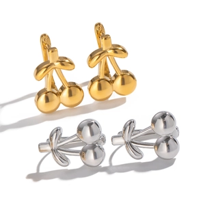 Polished stainless steel cherry stud earrings in gold and silver finishes for women