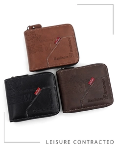 Close-up of trifold wallets in black and brown with zipper and contrast stitching detail