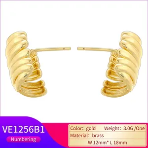 French vintage gold-plated ribbed hoop earrings made of brass with minimalist multi-layer design