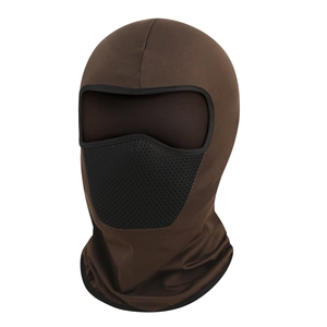 Detail of breathable honeycomb mesh filter on a dark brown balaclava motorcycling mask