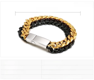 Detailed view of dual-layer Cuban link bracelet in gold and black stainless steel