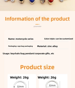 Detailed parameter view showing dimensions and zinc alloy specs for motorcycle keychain