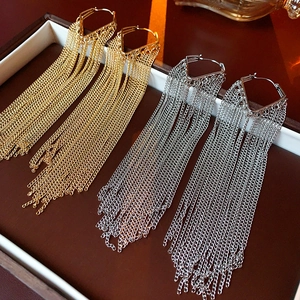 Detailed view of long metallic tassel earrings in gold and silver finishes on a tray