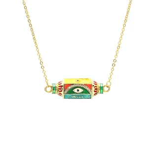 Golden necklace with a rectangular colorful enamel pendant featuring the evil eye and WILL text