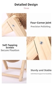 Detailed macro view of solid wood cat furniture with sisal rope and screw reinforcement