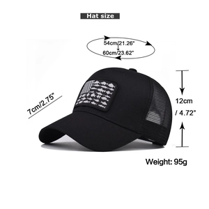 Detailed size specifications for the mesh fishing hat with US flag fish embroidery