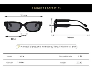 Detailed size specifications for square frame macaron color sunglasses 3619 in mm