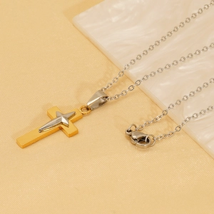 18K gold plated stainless steel layered cross pendant necklace with starburst detail