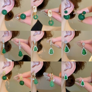 Various Chinese style gold and green glass gourd earrings shown in a nine-grid collage