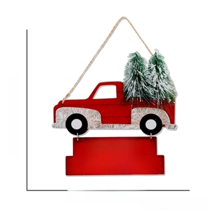 Christmas red truck wood hanging ornament with green trees and Happy Holidays sign