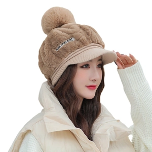 Women's winter plush warm baseball cap in camel with fur pompom and ear protection