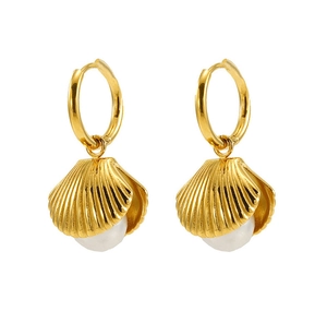 Detail of shell-shaped gold earrings featuring white pearls on a clean white background