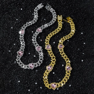Collier cubain 10mm pour homme style hip hop avec coeurs roses en or et argent
