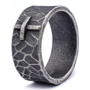 Vintage oxidized silver cross ring with textured fish scale pattern in a 45-degree view