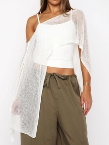 Women's white asymmetric mesh knit poncho shawl with breathable ice silk texture