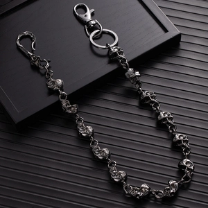 Punk style metal skull trousers chain in gun black finish with lobster clasp and ring