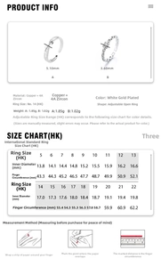 Detailed size chart for adjustable branch rings with ring size and measurement guide