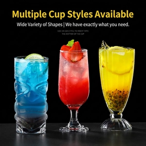 Creative glass cocktail cups set with embossed patterns and colorful fruit drinks