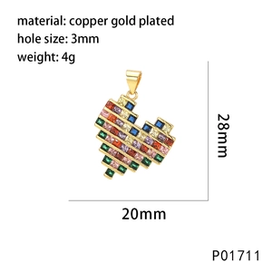 Detailed size measurement of a heart-shaped mosaic pendant with colorful zircon stones