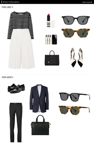 Flat lay fashion set showing retro sunglasses with stylish lady and gentleman outfits
