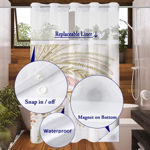 Detail of waterproof waffle shower curtain with snap-in liner and magnetic bottom weights