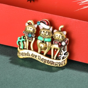 Christmas cat brooch with alloy rhinestones and 'Friends Are The Greatest Gift' banner