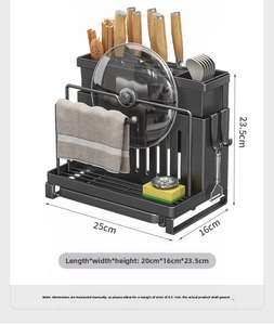 Detail of matte black kitchen rack showing utensil holder, knife slots, and drip tray