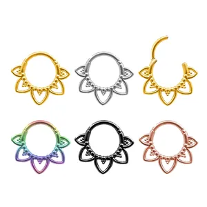 316L stainless steel flower petal clicker nose ring set in gold silver and rose gold
