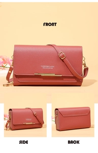 Three-view layout showing front, side, and back of brick red lychee texture crossbody bag