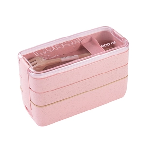 Pink double-layer microwaveable 900ml lunch box with cutlery and wheat straw texture
